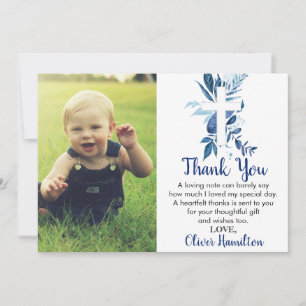 Carte De Remerciements Rustic Navy Blue Greenery Cross Boy Baptism Photo
