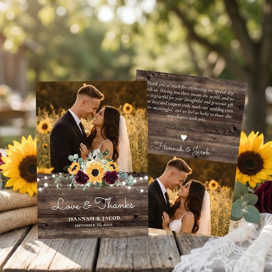 Carte De Remerciements Rustic Sunflower Roses Wedding