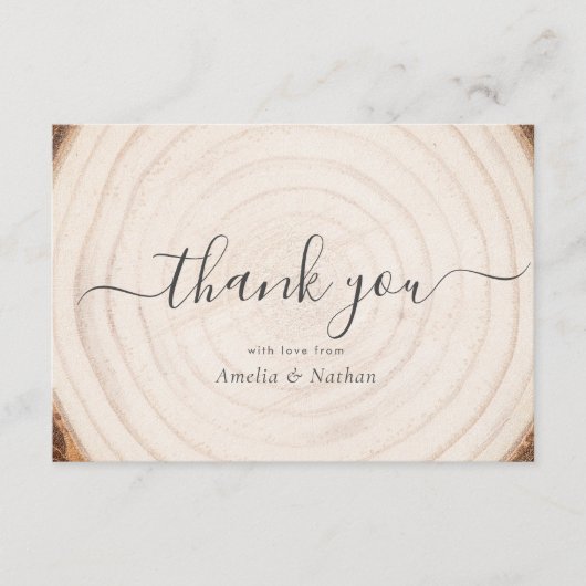 Carte De Remerciements Rustic Tree Ring Wood Script Calligraphy Wedding (Devant)