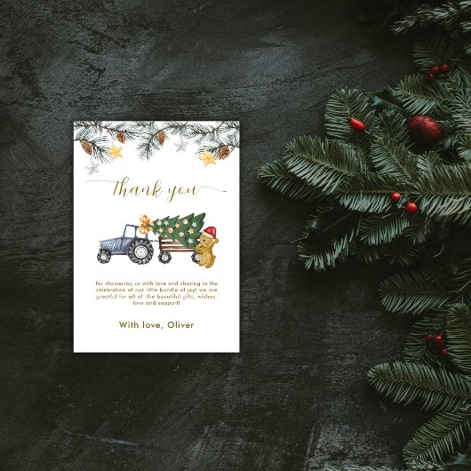 Carte De Remerciements Rustic Winter X'mas Tree Tractor Bear Baby Shower 