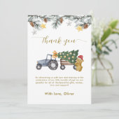 Carte De Remerciements Rustic Winter X'mas Tree Tractor Bear Baby Shower  (Debout devant)