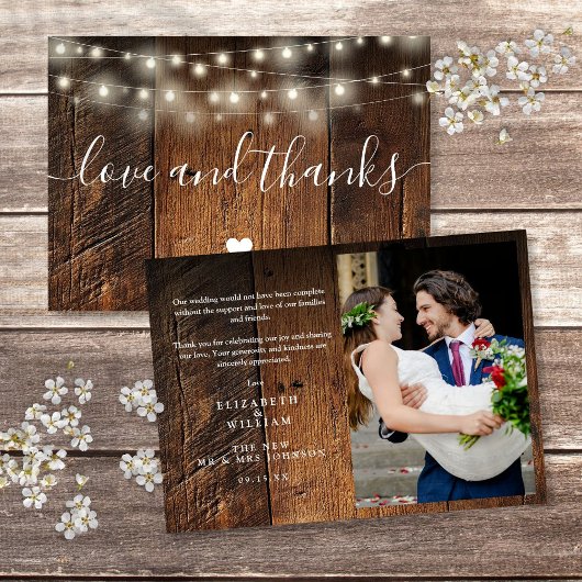 Carte De Remerciements Rustic Wood String Lights Wedding Photo