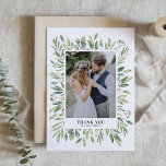 Carte De Remerciements Rustique aquarelle Cadre vert Mariage photo<br><div class="desc">Aquarelle rustique Folift Frame Photo Mariage Carte de remerciements | Envoyez des remerciements à votre famille et à vos amis avec ce carte de remerciements personnalisable. Il présente des illustrations aquarelles d'une variété de feuilles de feuillage. Ce carte de remerciements verdoyant est parfait pour les mariages, les diplômes, et bien...</div>
