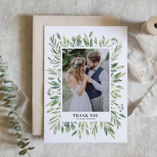 Carte De Remerciements Rustique aquarelle Cadre vert Mariage photo