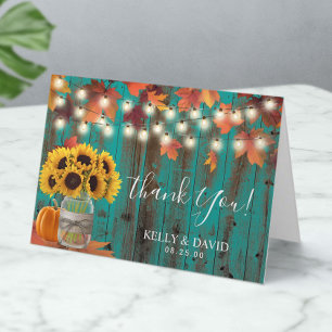 Carte De Remerciements Rustique Autumn Sunflower Jar Citrouille Mariage