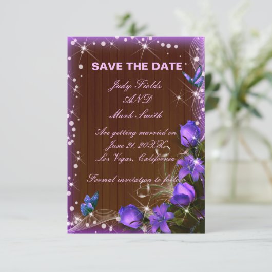 Carte De Remerciements Rustique Bois foncé Violet Floral Enregistrer La C (Debout devant)