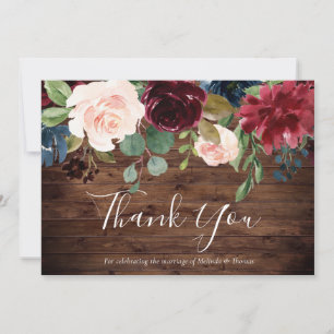 Carte De Remerciements Rustique Bourgogne Rouge Vin & Blush Floral Mariag