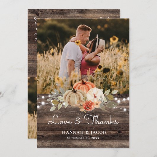 Carte De Remerciements Rustique Citrouille Mariage de automne Amour et Me (Devant / Derrière)