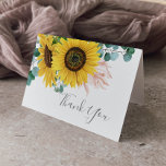 Carte de remerciements rustique de tournesol Eucal<br><div class="desc">Ce carte de remerciements rustique d'eucalyptus au tournesol est parfait pour un mariage campagnard. Le design floral bohème présente des tournesols jaunes, des fleurs roses rousses et une végétation d'eucalyptus vert chasseur dans l'aquarelle avec une élégante touche moderne de saumonier. Personnalisez l'intérieur de la carte avec vos noms, et un...</div>