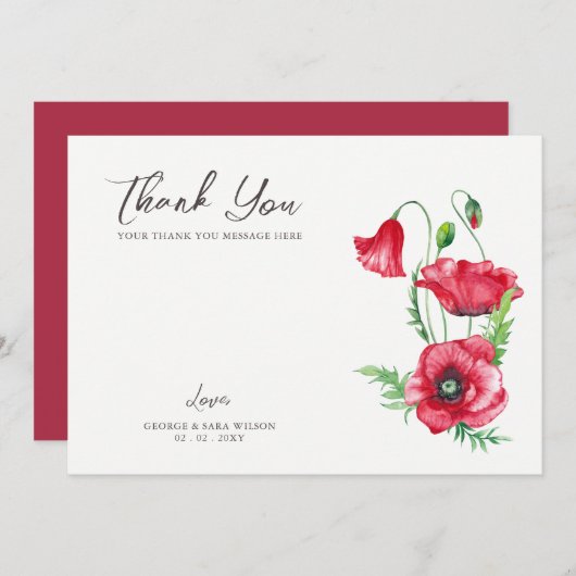 Carte De Remerciements Rustique Elegant Aquarelle Script Red Poppy Mariag (Devant / Derrière)