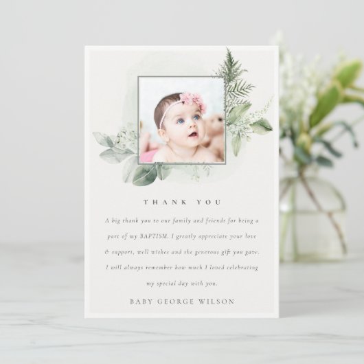 Carte De Remerciements Rustique Green Eucalyptus Fern Foliage Photo Baptê (Debout devant)