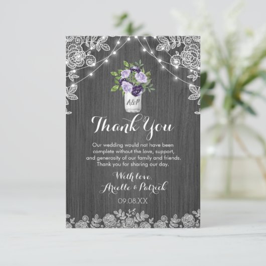 Carte De Remerciements Rustique Mason Jar Purple Silver Grey FlorMariage (Debout devant)
