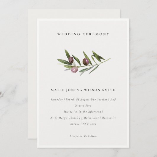 Carte De Remerciements Rustique minimal Olive Branche Foliage Mariage Inv (Devant / Derrière)