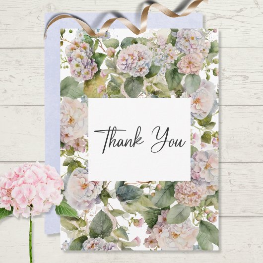 Carte De Remerciements Rustique Pastel Hydrangea Floral Monogramme Blanc