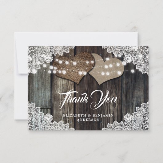 Carte De Remerciements Rustique Pays Dentelle de bois Mariage Coeurs (Devant)