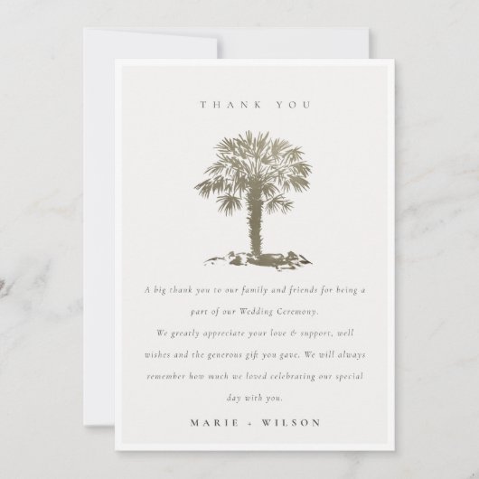 Carte De Remerciements Rustique Tropical Beach Palm Tree Dark Gold Mariag (Devant)