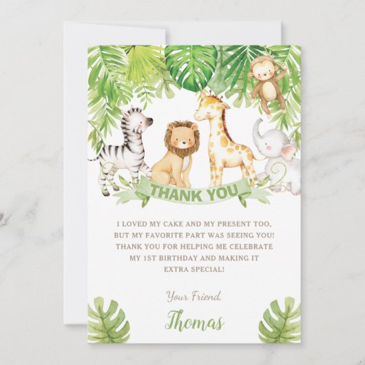 Carte De Remerciements Safari Jungle Animaux Forêt Verte Anniversaire Béb (Devant)