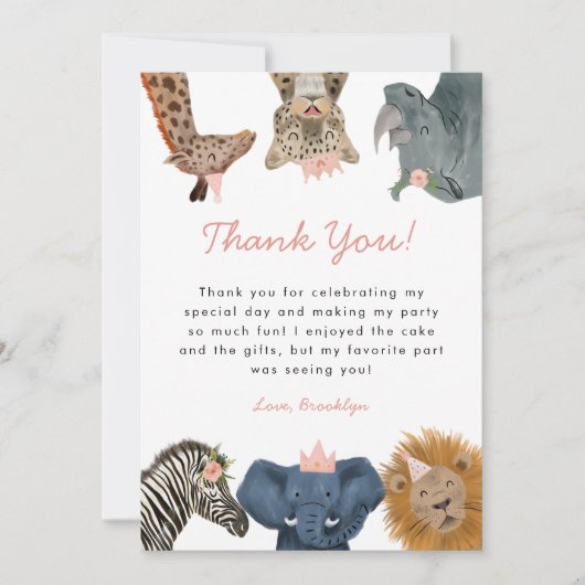 Carte De Remerciements Safari sauvage rose Animaux fête d'anniversaire (Devant)