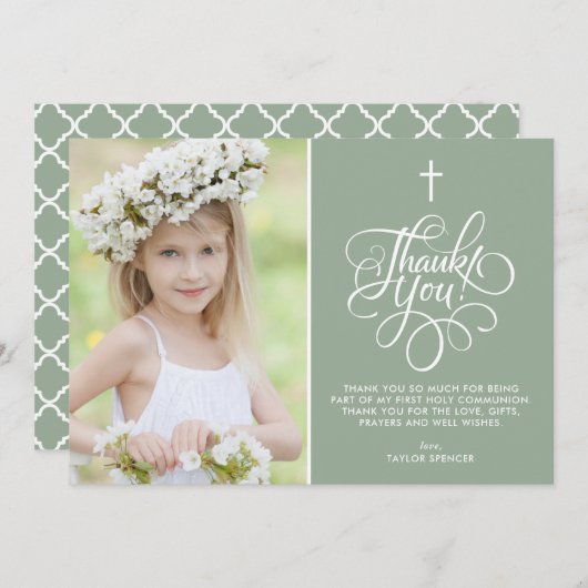 Carte De Remerciements Sage de script Whimsical Première Sainte Communion (Devant / Derrière)