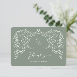 Carte De Remerciements Sage esquissé Vintage Mariage de monogramme