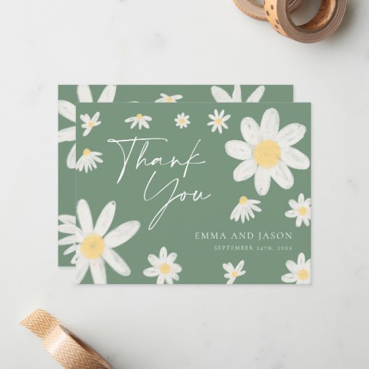 Carte de remerciements Sage Green Daisy (Devant/Arrière en situation)
