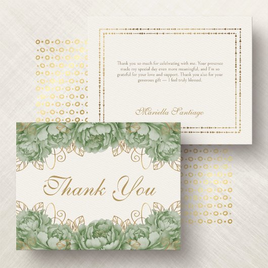 Carte De Remerciements Sage Green Elegant Floral Quinceanera
