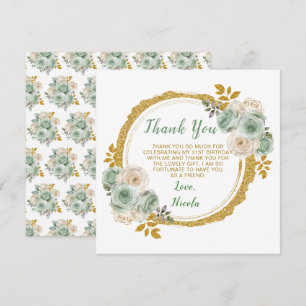 Carte De Remerciements Sage Green et or Fleurs élégantes Fête d'anniversa