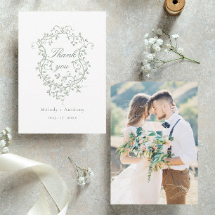Carte De Remerciements Sage Green Floral Crest Mariage Photo