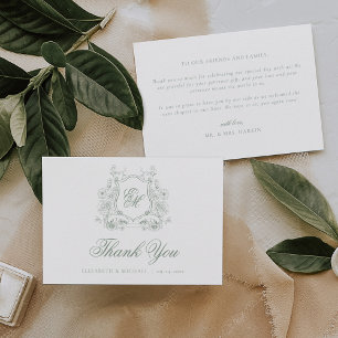 Carte De Remerciements Sage Green Floral Crest Monogramme Mariage élégant