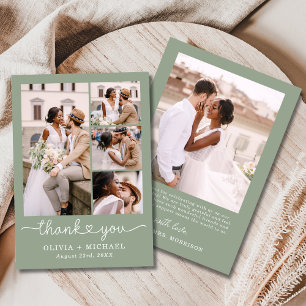 Carte De Remerciements Sage Green Four Photo Collage Script Mariage