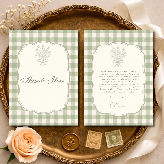 Carte De Remerciements Sage Green Gingham Floral Bow Baby Shower
