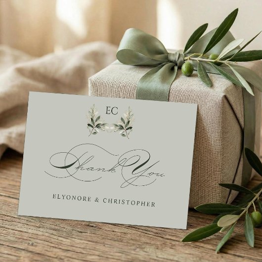 Carte De Remerciements Sage Green Olive Branch Monogram Wedding