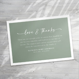 Carte De Remerciements Sage Green Simple Script Funérailles