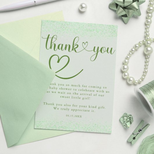 Carte De Remerciements Sage Green Thank You Heart Confetti Script
