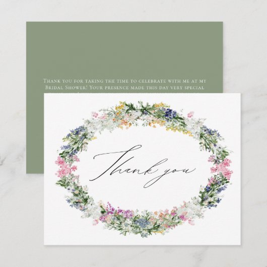Carte De Remerciements Sage Green Wildflower Wreath Wedding Bridal Shower (Devant / Derrière)