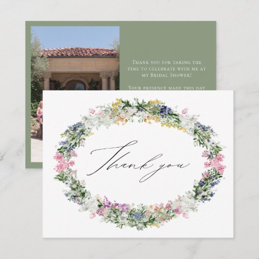 Carte De Remerciements Sage Green Wildflower Wreath Wedding Bridal Shower (Devant / Derrière)