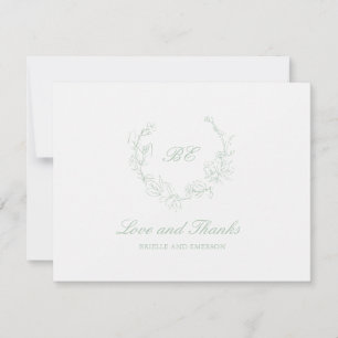 Carte De Remerciements Sage Green Wreath Monogramme Photo Mariage élégant