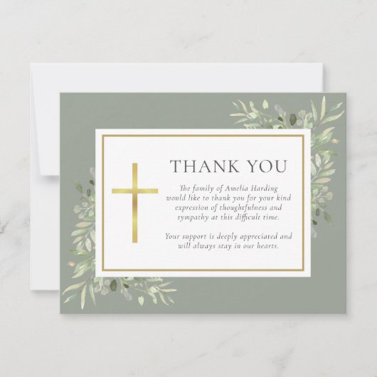 Carte De Remerciements Sage Vert Aquarelle Verdure Funérailles Christian (Devant)