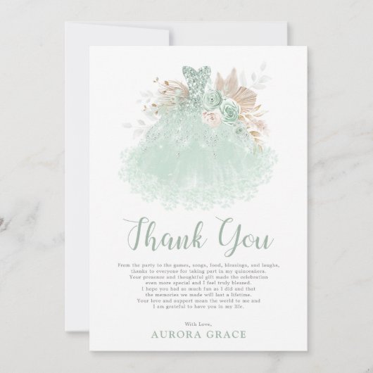 Carte De Remerciements Sage Vert Argent Quinceañera Robe Mis Quince (Devant)