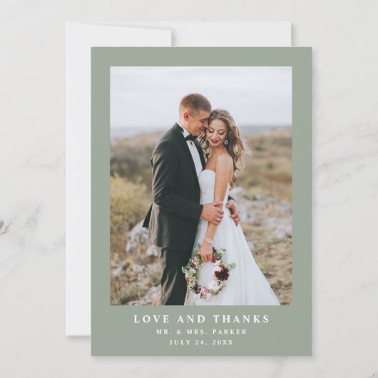 Carte De Remerciements Sage vert avec texte et photo élégants | Mariage (Devant)