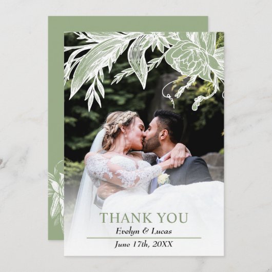 Carte De Remerciements Sage vert et blanc fleurs photo mariage (Devant / Derrière)