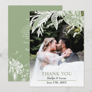 Carte De Remerciements Sage vert et blanc fleurs photo mariage