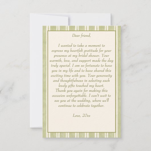 Carte De Remerciements Sage vert rayé rétro élégante douche nuptiale (Dos)