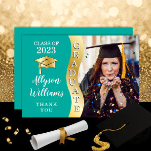 Carte De Remerciements Sarcelle Gold Graduate Wave Grad Casquette photo