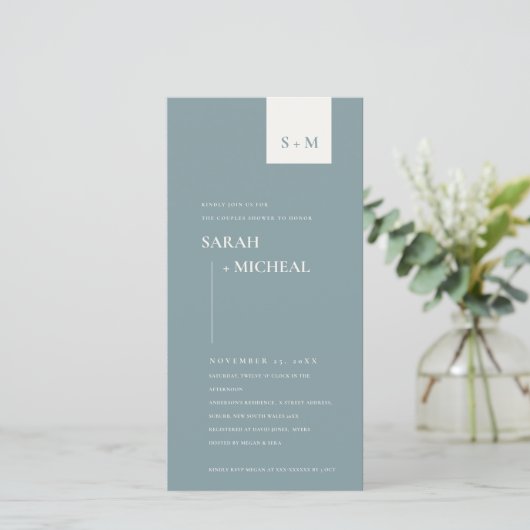 CARTE DE REMERCIEMENTS SCANDI DUSKY BLUE MONOGRAM COUPLES DOUCHE INVITATI (Debout devant)