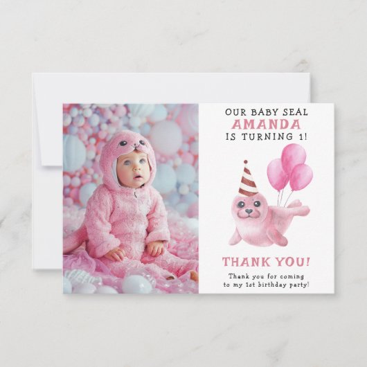 Carte De Remerciements Sceau rose 1er anniversaire sous la mer (Devant)