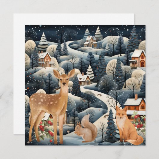 Carte De Remerciements  Scène d'hiver Noël Animaux de la forêt Plat  (Devant / Derrière)