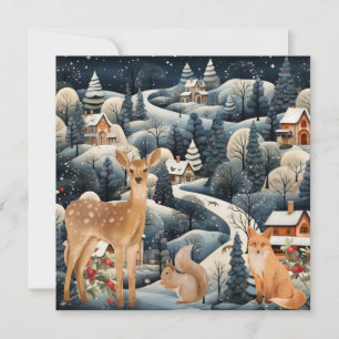 Carte De Remerciements Scène d'hiver Noël Animaux de la forêt Plat