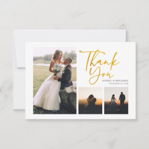 Carte De Remerciements Script 4 Photos Mariage Lettré Or