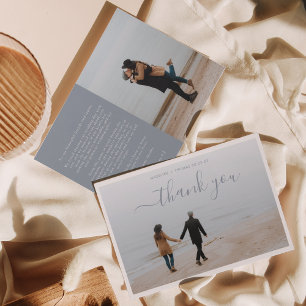 Carte De Remerciements Script bleu Dusty minimaliste avec 2 mariage photo